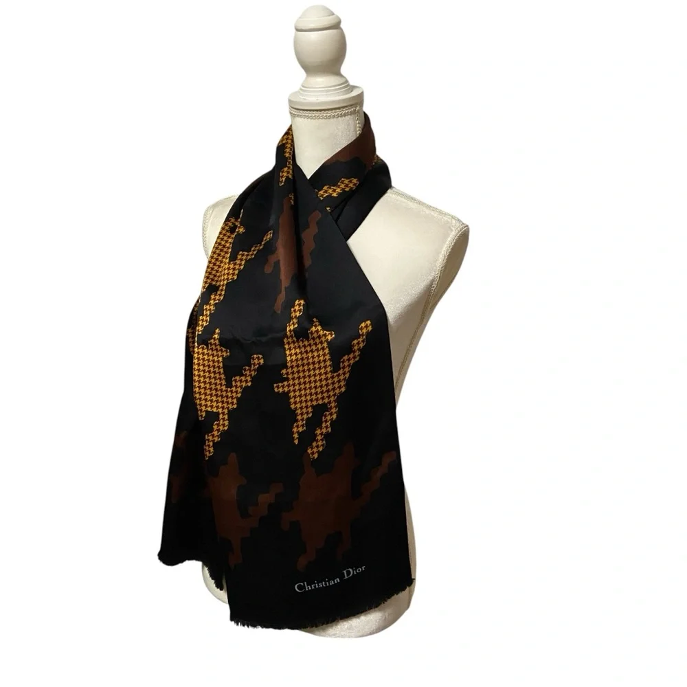 CHRISTIAN DIOR Silk Scarf Printed Pattern Black & Gold Vintage
